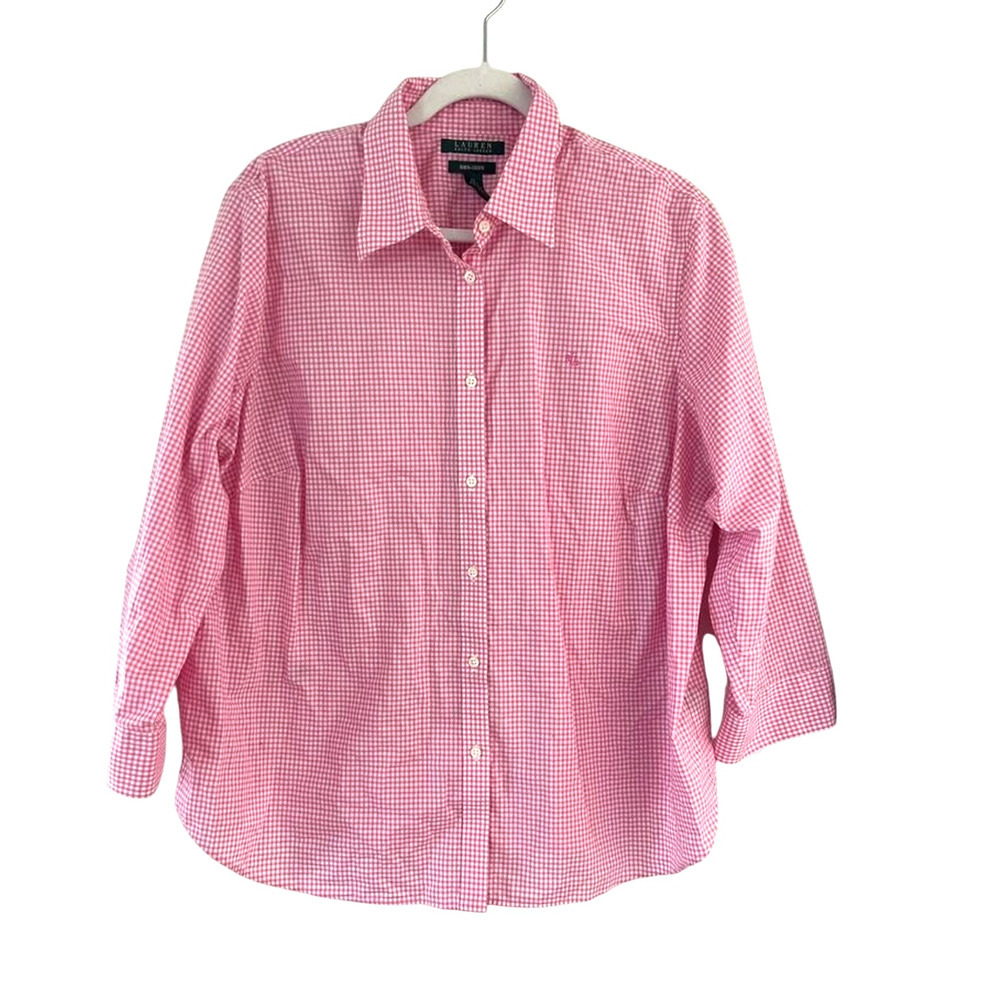 Lauren Ralph Lauren Black Label Button Up Shirt 1X Pink Gingham Non Iron Preppy